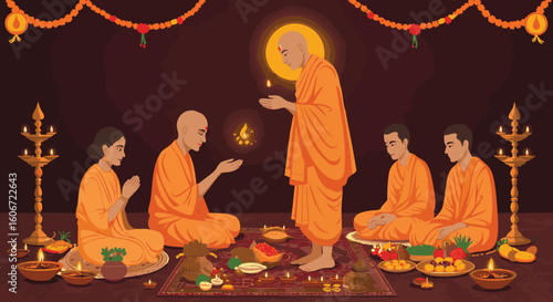 Buddhist Monks Traditional Ceremony Making Offerings