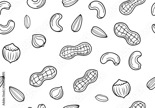 Vector seamless pattern with hand-drawn doodle outlines of various nuts including peanuts, cashews, almonds, and hazelnuts on a white background.