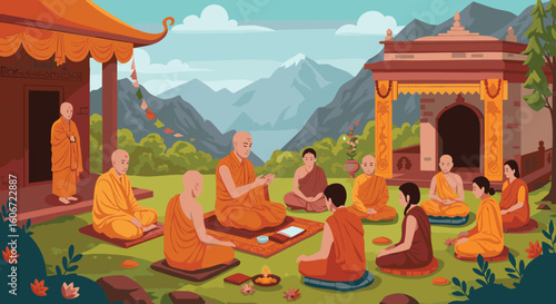 Buddhist Monks Learning Meditation Mountain Monastery