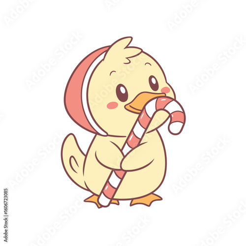 A cute yellow duckling wearing a pink bonnet holds a red and white striped candy cane in its wings.