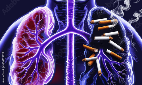The concept of human health and smoking. Human lungs. Healthy left lung and right lung, consisting of smoke from smoking and cigarette butts. EPS10.