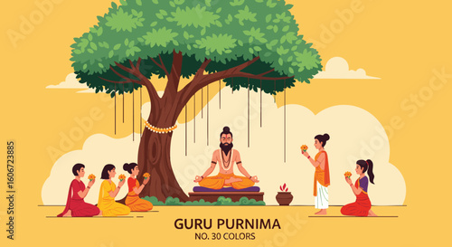 Guru Purnima Celebration Illustration with Guru and Disciples