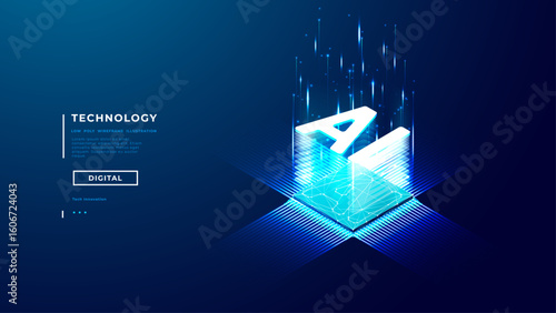 AI chip. Isometric AI icon hologram over digital nano semiconductor. Abstract computer technology innovation concept. Technology light processor on tech blue background. Digital vector illustration.