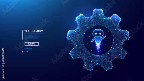 Technological AI Robot or AI Agent inside Digital Wireframe Gear on Technology Blue Background. Artificial Intelligence Assistant Concept. Process Automation Concept. Digital Tech Vector Illustration.