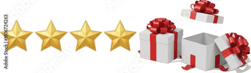Vector art of four golden stars and gift boxes with red ribbons isolated on white background represent customer satisfaction and positive feedback