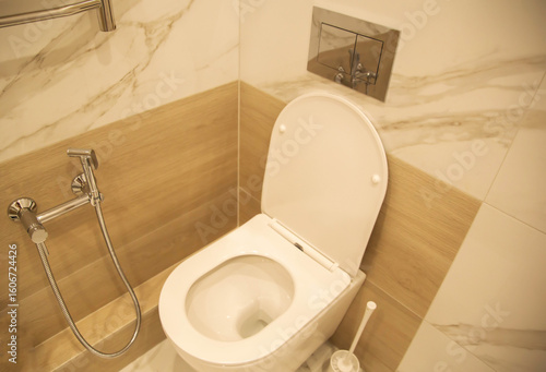 Wallpaper Mural Modern wall-hung toilet in the toilet against the background of a hygienic shower and beautiful tiles on the walls. Concept cleanliness and hygiene in the bathroom. Copy space for text Torontodigital.ca