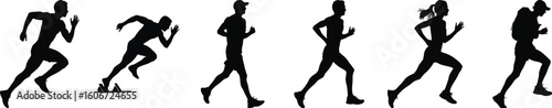 Silhouette vector illustration of six athletes running and sprinting in different dynamic poses, ideal for sports and fitness designs.