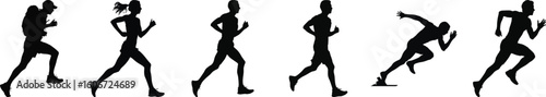 Silhouette vector set of six running and sprinting athletes in various poses, perfect for sports, fitness, and activity design projects.
