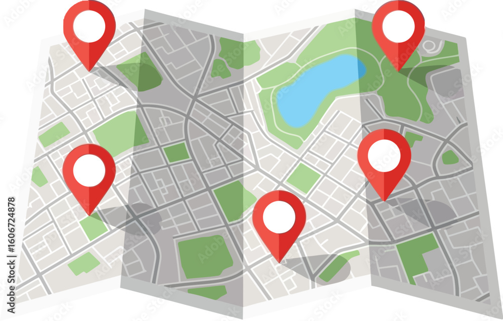 Fototapeta premium Vector art of a colorful map is unfolded and marked with red location pins to indicate destinations and points of interest