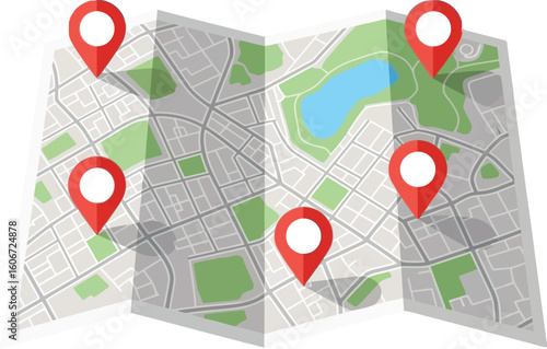 Vector art of a colorful map is unfolded and marked with red location pins to indicate destinations and points of interest