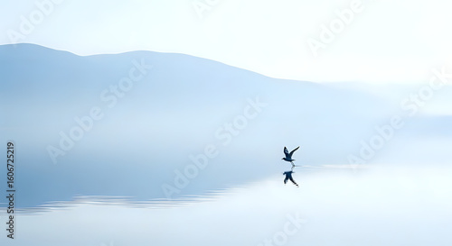 Serene seagull gliding over misty water with dreamy mountains, creating a calm and peaceful nature scene for travel and relaxation themes
