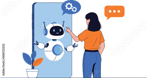 Vector art of a woman interacts with a robot chatbot on her phone, highlighting the use of artificial intelligence in customer service and online communication