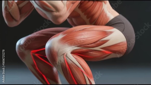 Detailed 3D anatomical visualization of leg and core muscles activating during a perfect squat exercise with highlighted areas