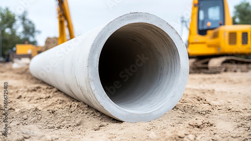 Wallpaper Mural Large concrete pipe for construction or infrastructure project. Heavy machinery in the background. Focus on foreground. Urban development. Torontodigital.ca