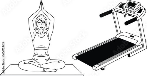Vector art of a woman practices yoga in a serene pose next to a treadmill, symbolizing balance and fitness, isolated on white background