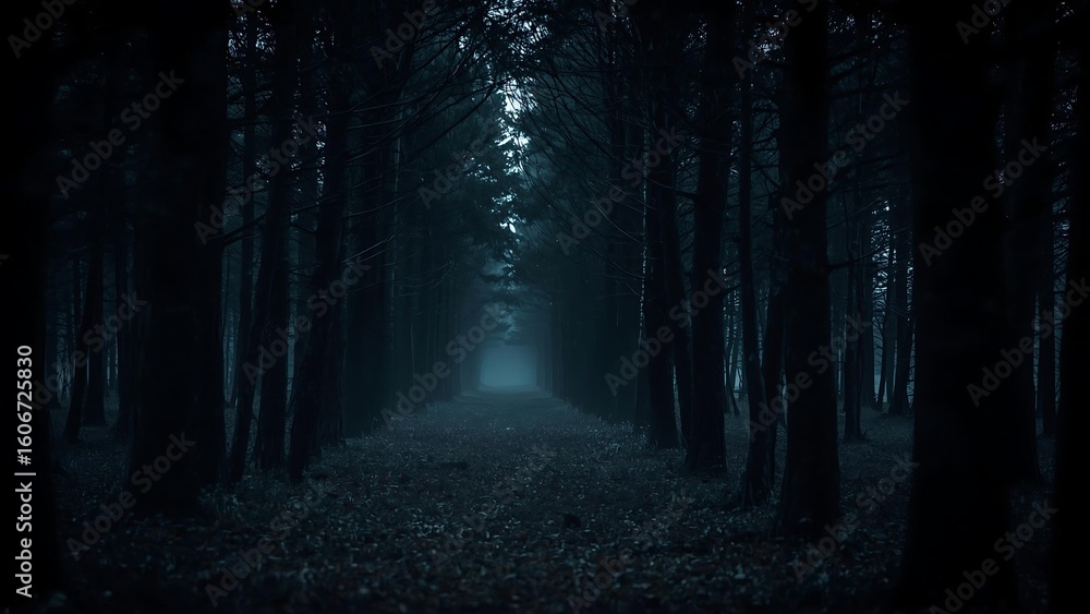 Fototapeta premium Mystical Foggy Forest Path in the Dark with Trees Lining the Road, Creating a Haunting and Eerie Atmosphere