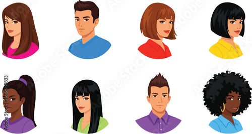 Vector art of diverse group of cartoon people avatars with various hairstyles isolated on white background