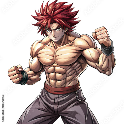 Muscular Anime Fighter Fiery Red Hair Powerful Physique