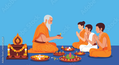Traditional Hindu Puja Ceremony Spiritual Ritual Illustration