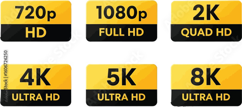 Vector art of various video resolutions including 720p hd, 1080p full hd, 2k quad hd, 4k ultra hd, 5k ultra hd, and 8k ultra hd isolated on white background