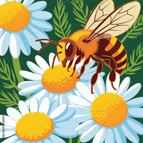Close up of a bee collecting nectar from a daisy flower