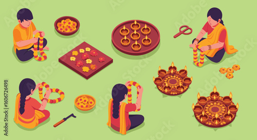 Indian Festival Preparations Garland Making Isometric