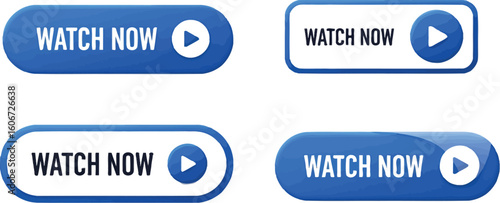 Vector art of a collection of watch now buttons with play icons, designed for online video streaming and digital media content isolated on white background