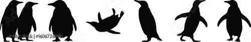 Silhouette vector illustration of six penguins in various poses, including standing, walking, and swimming, suitable for wildlife art.