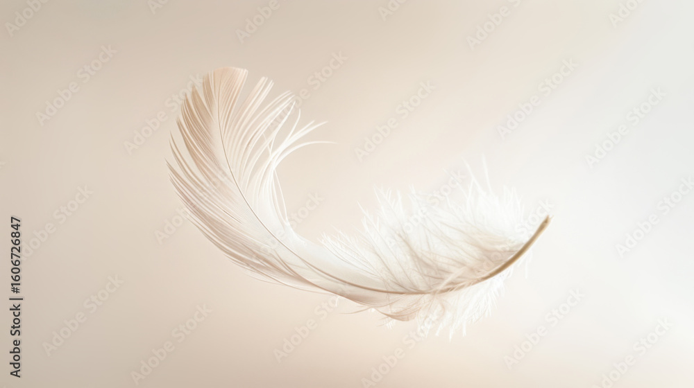 Obraz premium Delicate white feather softly floating on a beige background