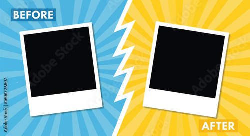 Vector art of a before and after comparison with polaroid frames set against a dynamic background, showcasing change and transformation