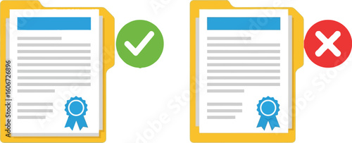 Vector art of two folders containing documents are shown with a green check mark indicating approval and a red cross mark indicating rejection