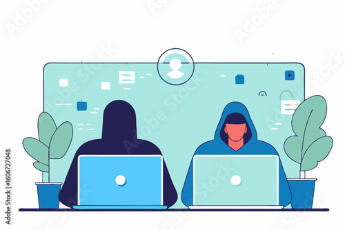 Hakerzy w kapturach. Koncepcja cyberbezpieczeństwa, zagrożeń internetowych i kradzieży danych.