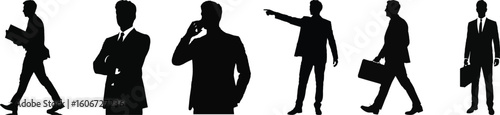 Silhouette vector illustration of six business men in various poses, including walking, talking, and pointing, perfect for office design.