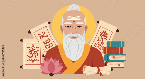 Hindu Sage Guru Wisdom Ancient Knowledge Scrolls Books Lotus