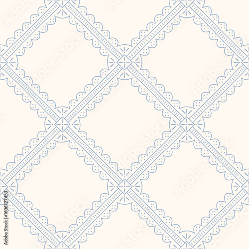 Hand drawn lace trim seamless lattice pattern with a charming whimsical cottage core design. Soft blue, pastel, and nostalgic trellis print. Perfect for textiles and romantic vintage-inspired decor.