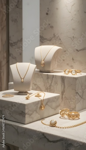 Elegant jewelry store display with necklaces, rings, and earrings on white stands. Luxurious, high-end, and sophisticated for fashion, retail, and lifestyle.

