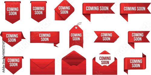 Vector art of a collection of red coming soon ribbons, banners, labels, and envelopes isolated on white background