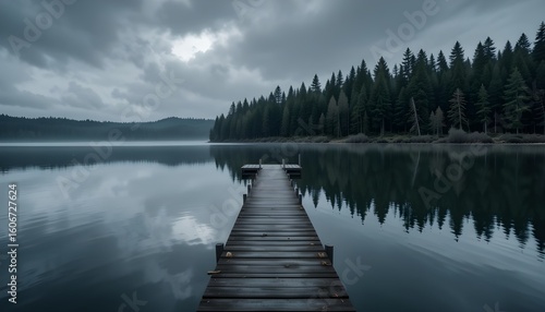 Peaceful lake with a wooden dock extending into calm water, surrounded by a dark forest under a moody sky. Serene, natural, and atmospheric