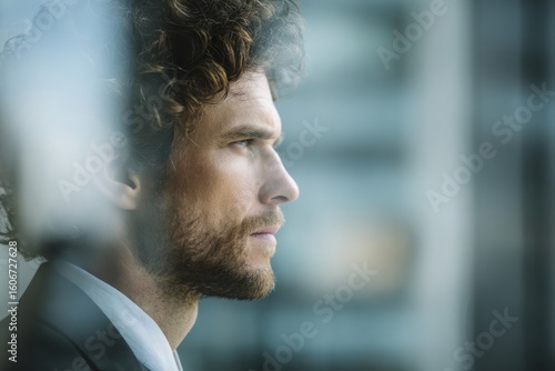 Wallpaper Mural Confident man in suit gazing out high-rise window, symbolizing ambition, planning, leadership, and future business opportunities. Torontodigital.ca