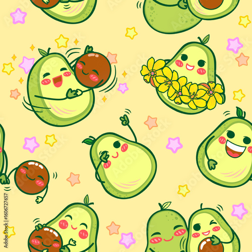 Cartoon avocados with various expressions and interactions on a light yellow background. Are simply smiling or waving, all interspersed with colorful stars.