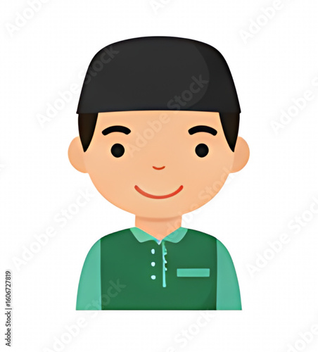 Cartoon illustration of a young Muslim boy wearing a traditional head covering and green shirt.