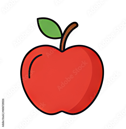 Simple, stylized illustration of a red apple with stem and leaves.