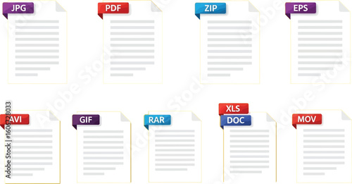 Vector art of a clean and organized display of various file format icons, each marked with a colorful label to denote its specific type, set against a sunny yellow backdrop