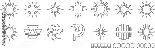 Vector art of a compilation of sun and star icons, depicted as clean and simple line drawings, presenting a range of abstract and geometric designs
