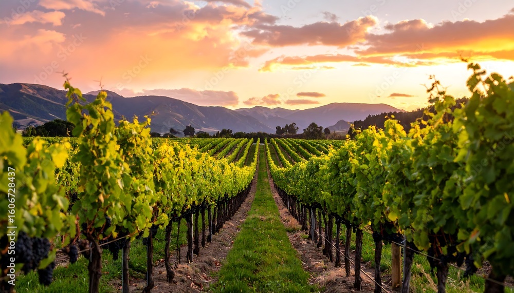 Naklejka premium Vineyard at Sunset