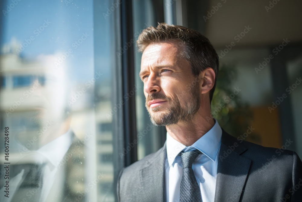 Naklejka premium Confident man in suit gazing out high-rise window, symbolizing ambition, planning, leadership, and future business opportunities.