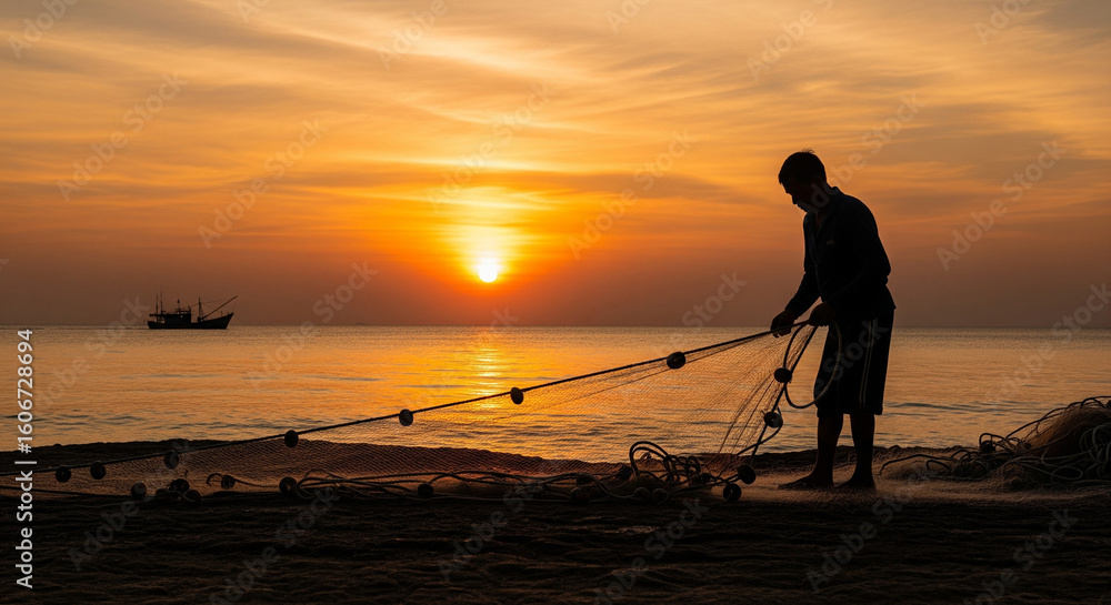 Fototapeta premium silhouette of man repairing fishing net at sunset