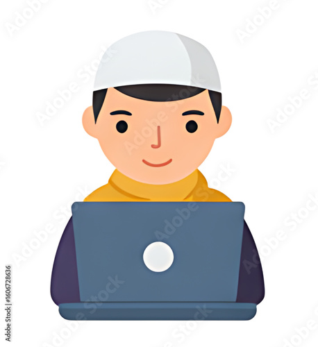 Cartoon boy in a kufi hat using a laptop, a simple illustration of a young person learning online.