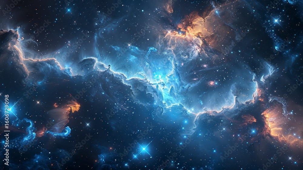 Fototapeta premium Deep space nebula, with blue and gold gas clouds scattered among bright stars, dark background