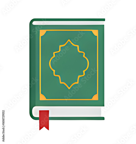 Green book with gold detailing and red bookmark, Islamic design.